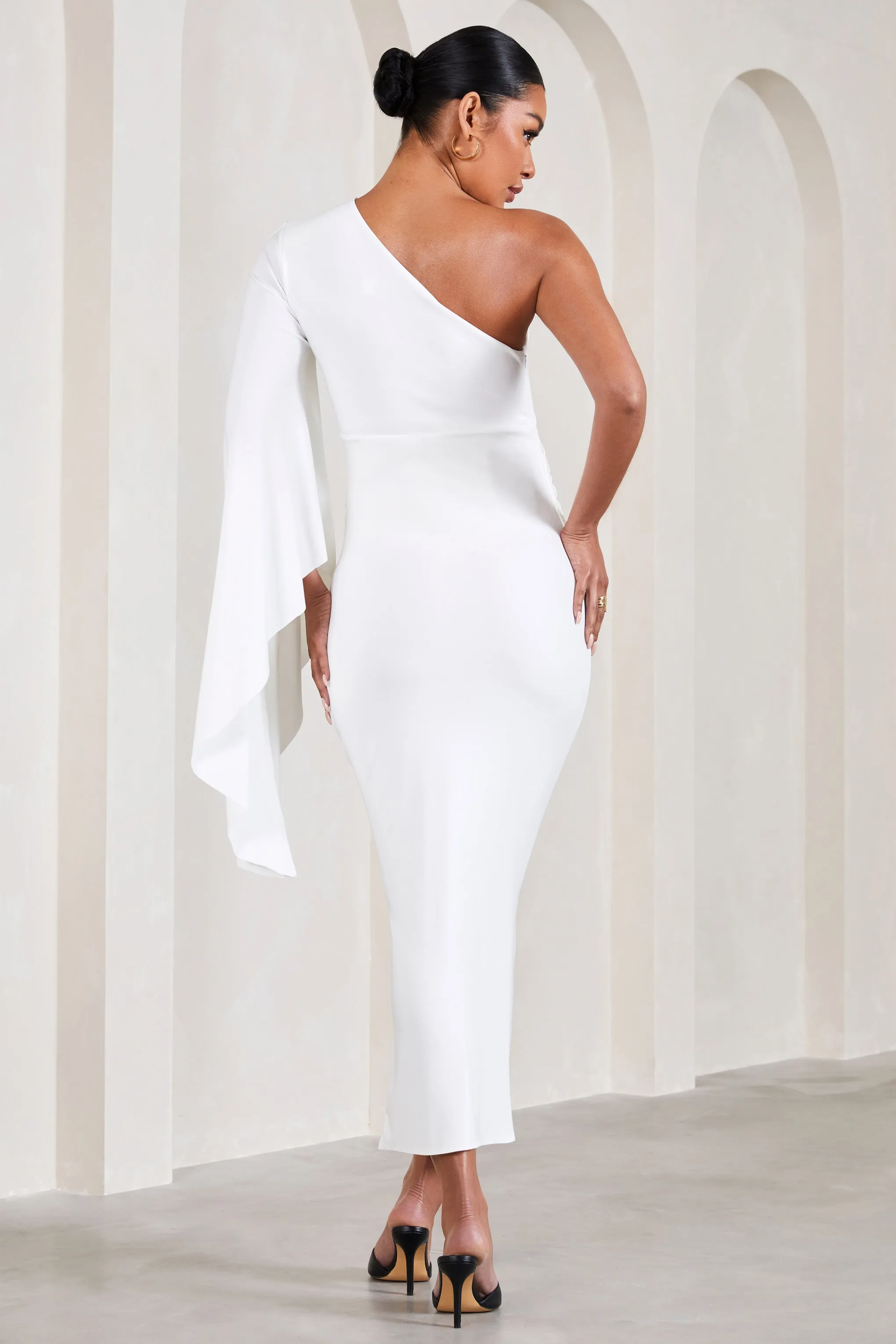 Adeline | White Ruched Asymmetric Split Maternity Midi Dress With Cape Sleeve