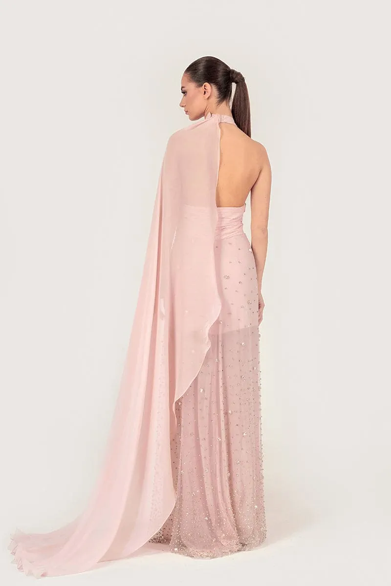 BABY PINK CRYSTAL-EMBELLISHED SILK GOWN