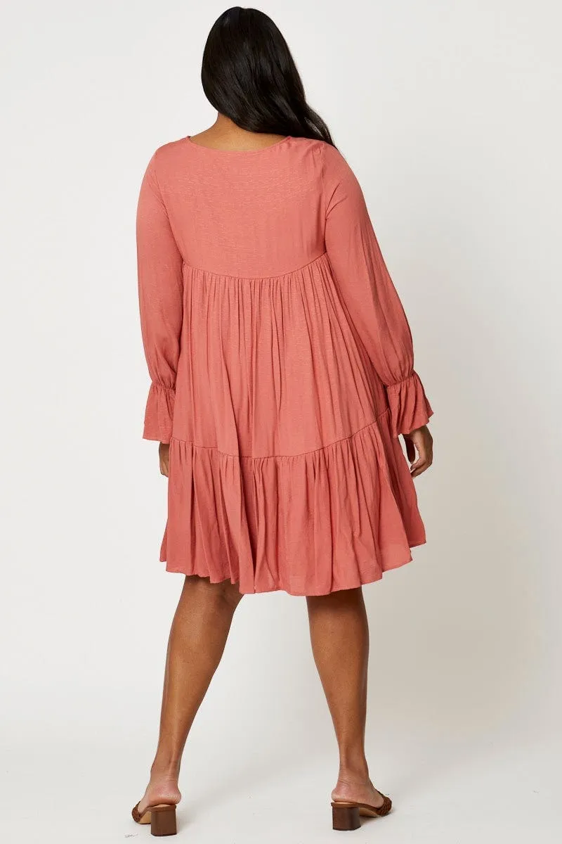 Beige Smock Dress Round Neck Long Sleeve Ruffle