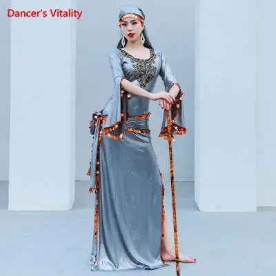 Belly Dance Robe Sequins Dress Long Sleeve Performance Clothes Female Adult Elegant Split Skirt Profession Competition Clothing