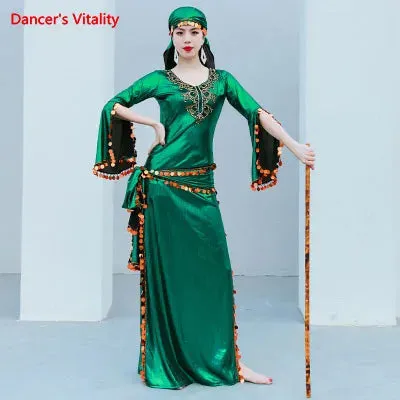 Belly Dance Robe Sequins Dress Long Sleeve Performance Clothes Female Adult Elegant Split Skirt Profession Competition Clothing