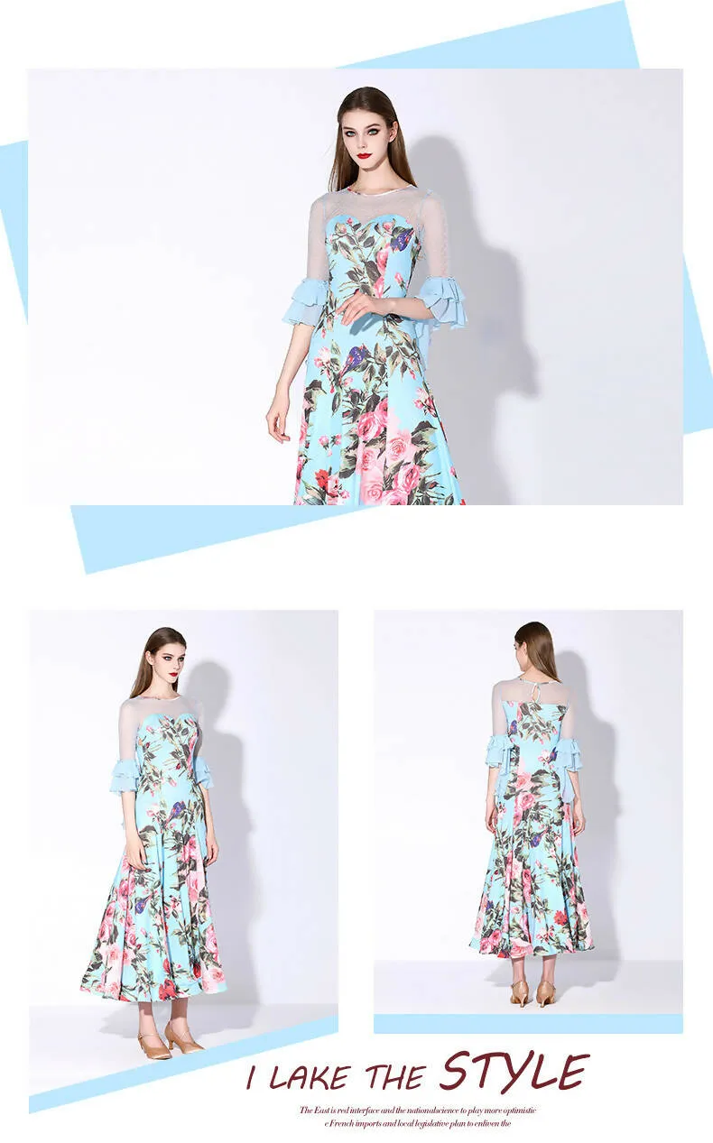 Blossom Motif Ballroom Dance Dress | Blue/Wine Red/Purple/Yellow | 880