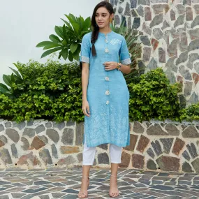 Blue Front Tassel Printed Chambray Kurta