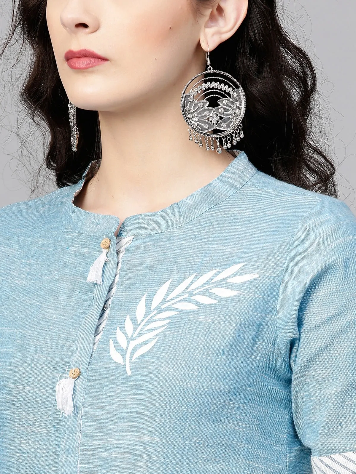 Blue Front Tassel Printed Chambray Kurta