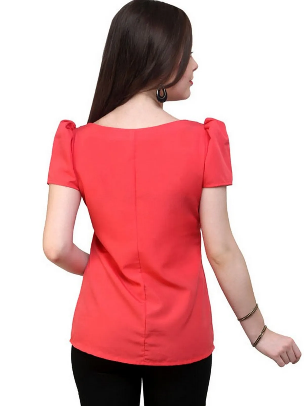 Coral Top Detailed With Gathered Sleeves And Diagonal Zip