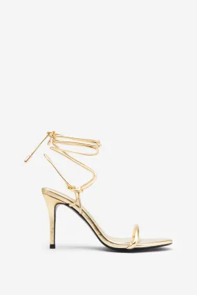 Crossed Wires | Gold Metallic Lace-Up Heeled Sandals