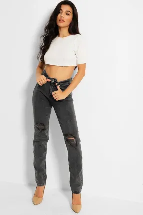 Dark Grey Distressed Knees High Waist Taper Jeans