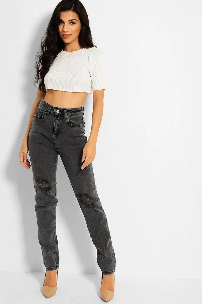 Dark Grey Distressed Knees High Waist Taper Jeans