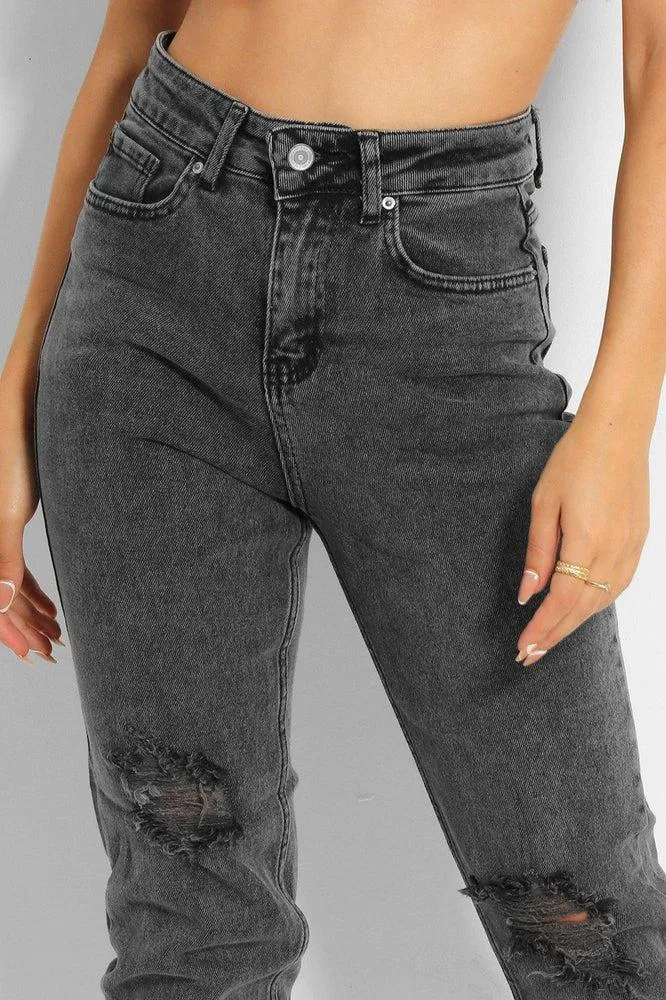 Dark Grey Distressed Knees High Waist Taper Jeans