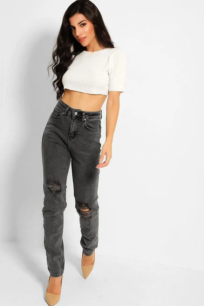 Dark Grey Distressed Knees High Waist Taper Jeans