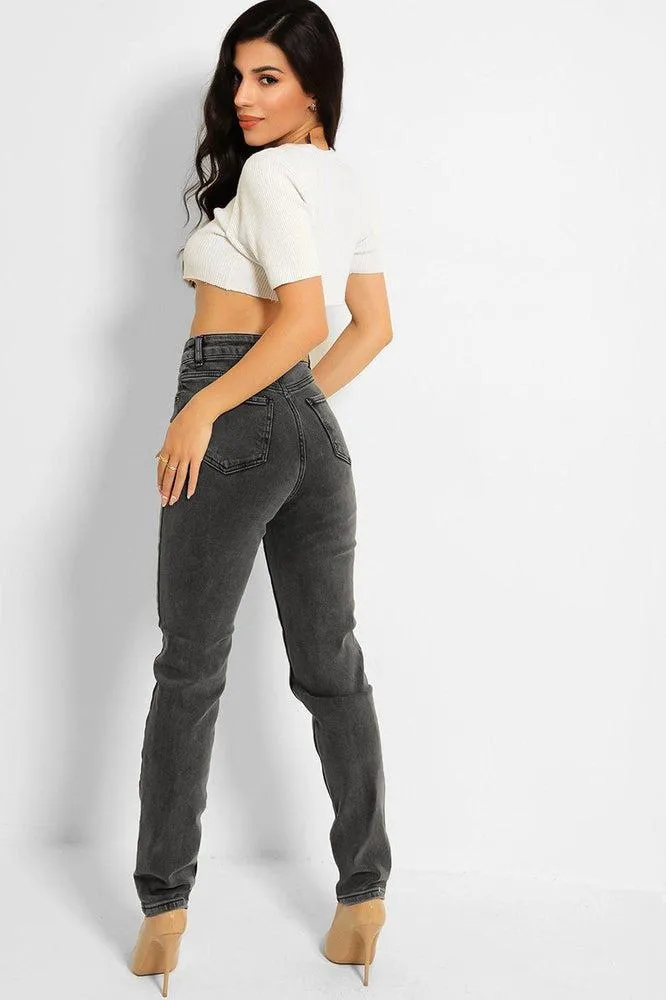 Dark Grey Distressed Knees High Waist Taper Jeans