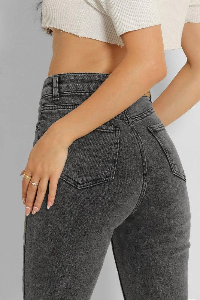 Dark Grey Distressed Knees High Waist Taper Jeans