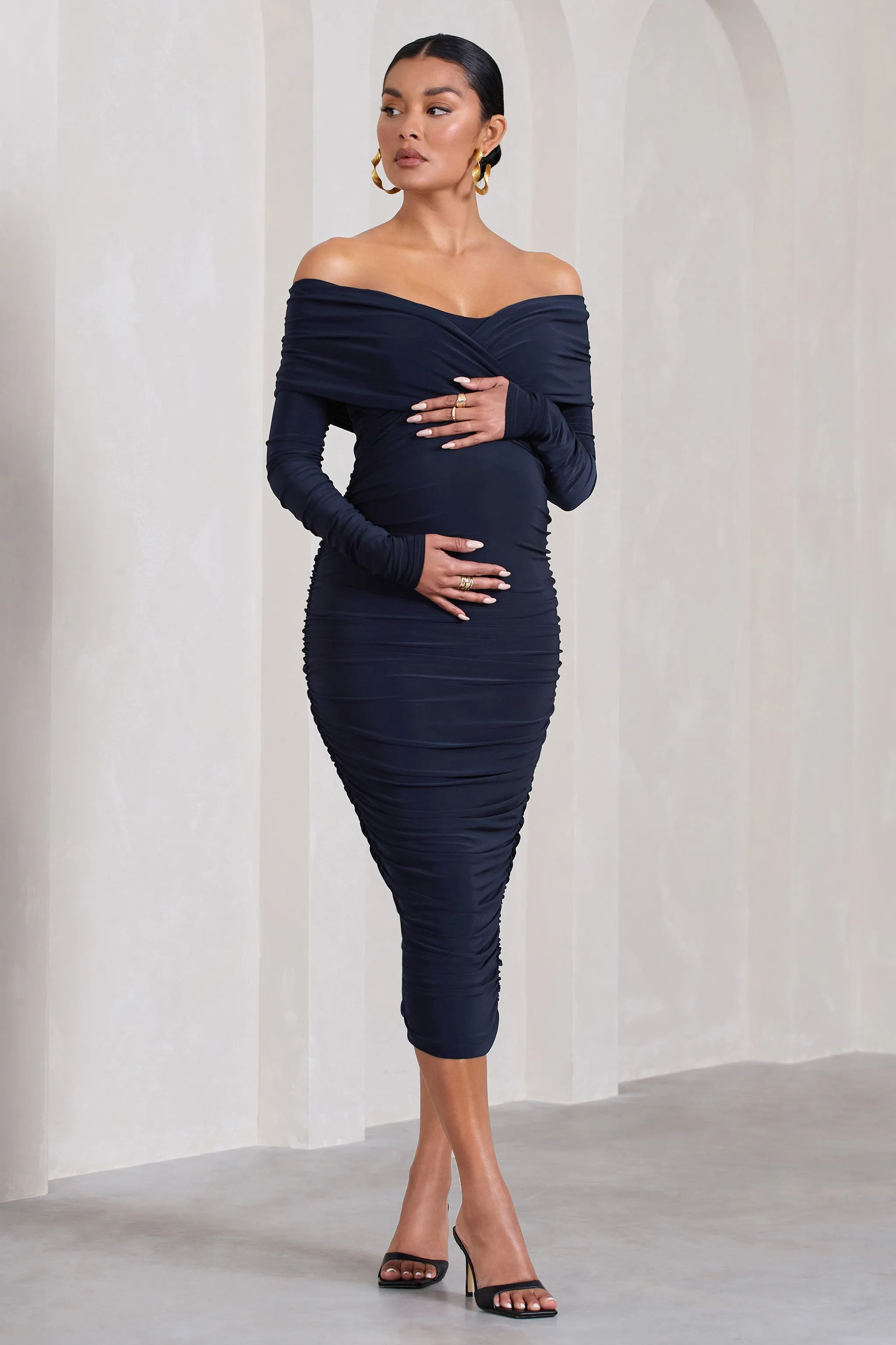 Davina | Navy Ruched Twist Bardot Long-Sleeve Maternity Midi Dress