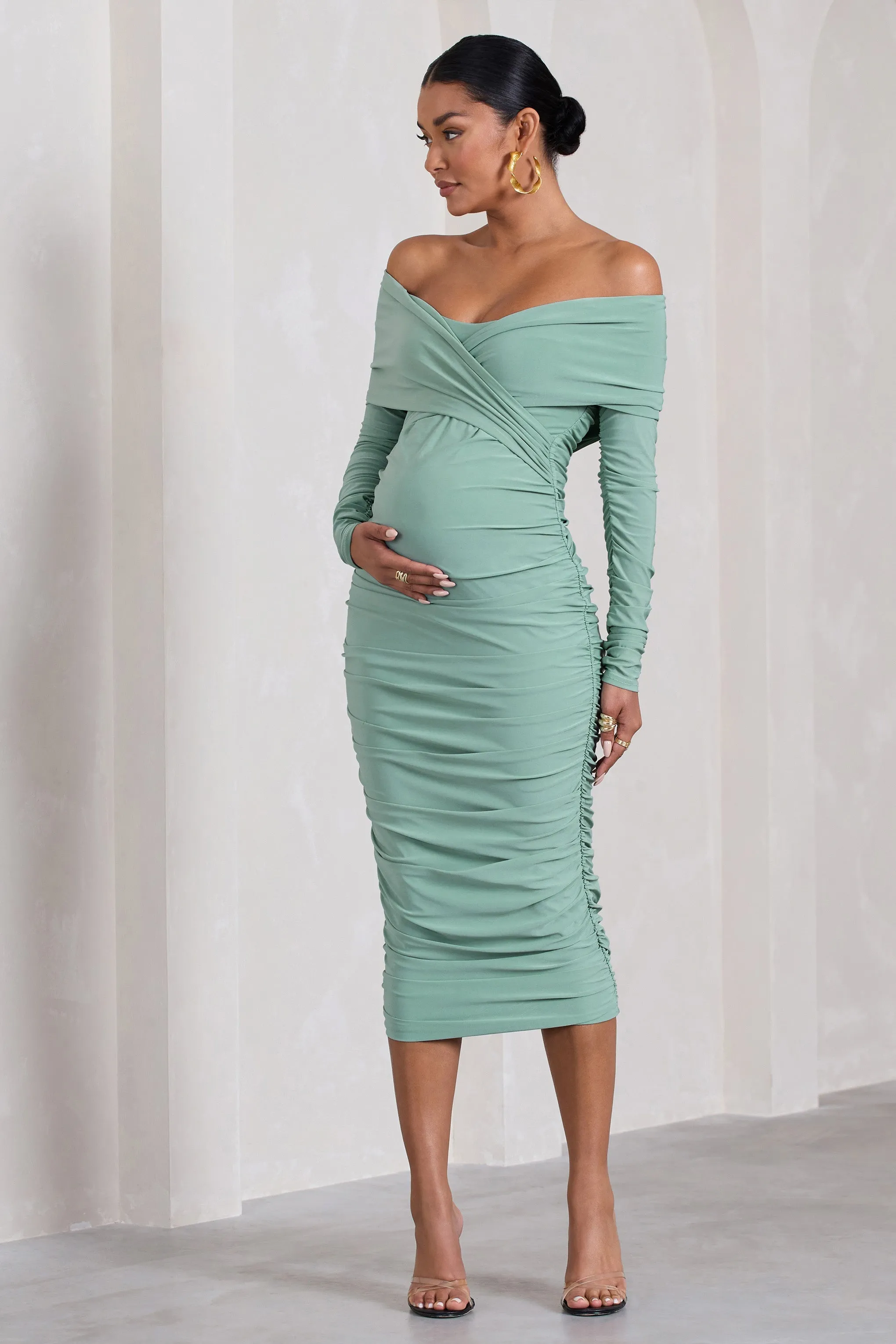 Davina | Sage Ruched Twist Bardot Long-Sleeve Maternity Midi Dress