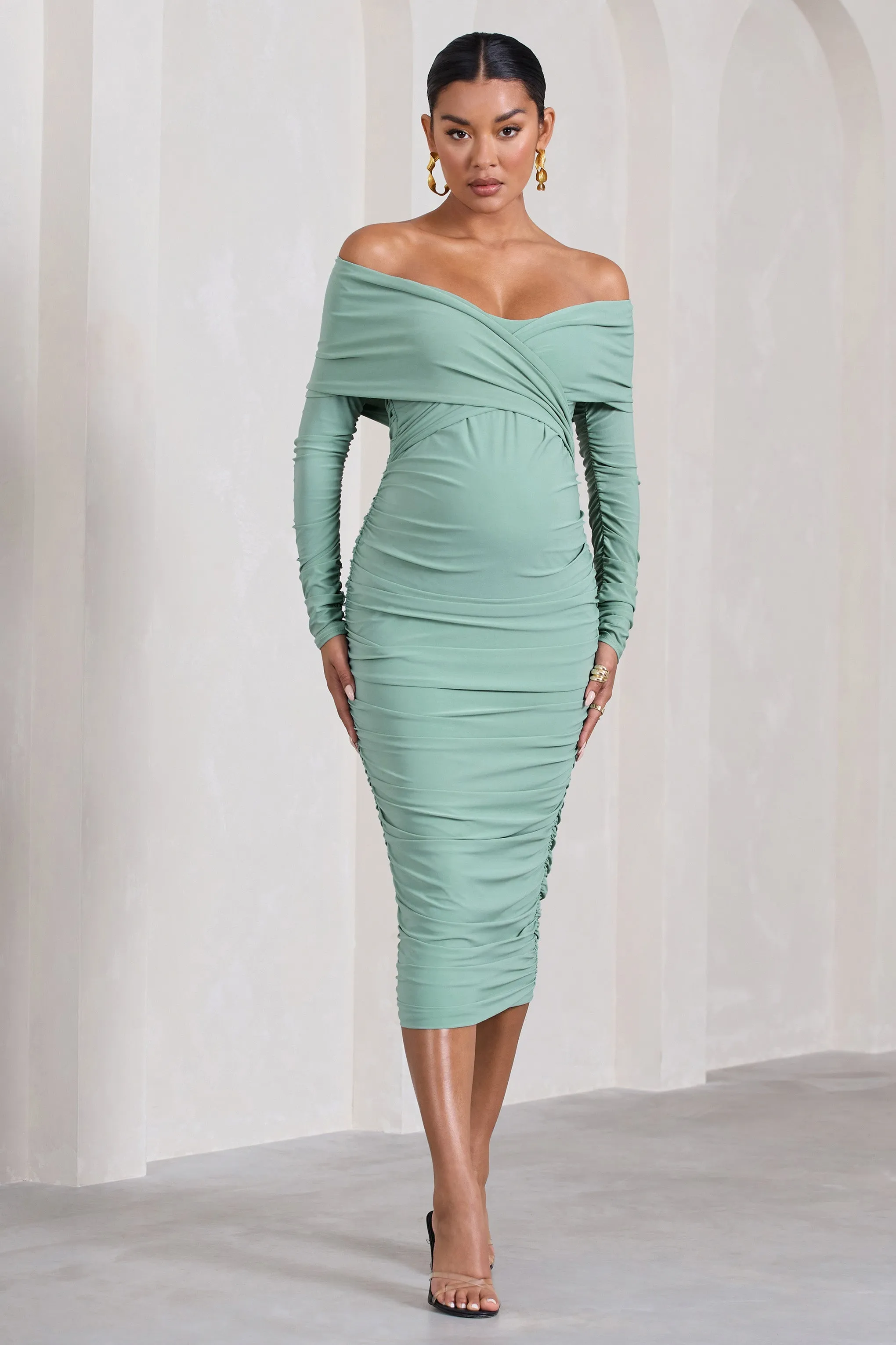 Davina | Sage Ruched Twist Bardot Long-Sleeve Maternity Midi Dress