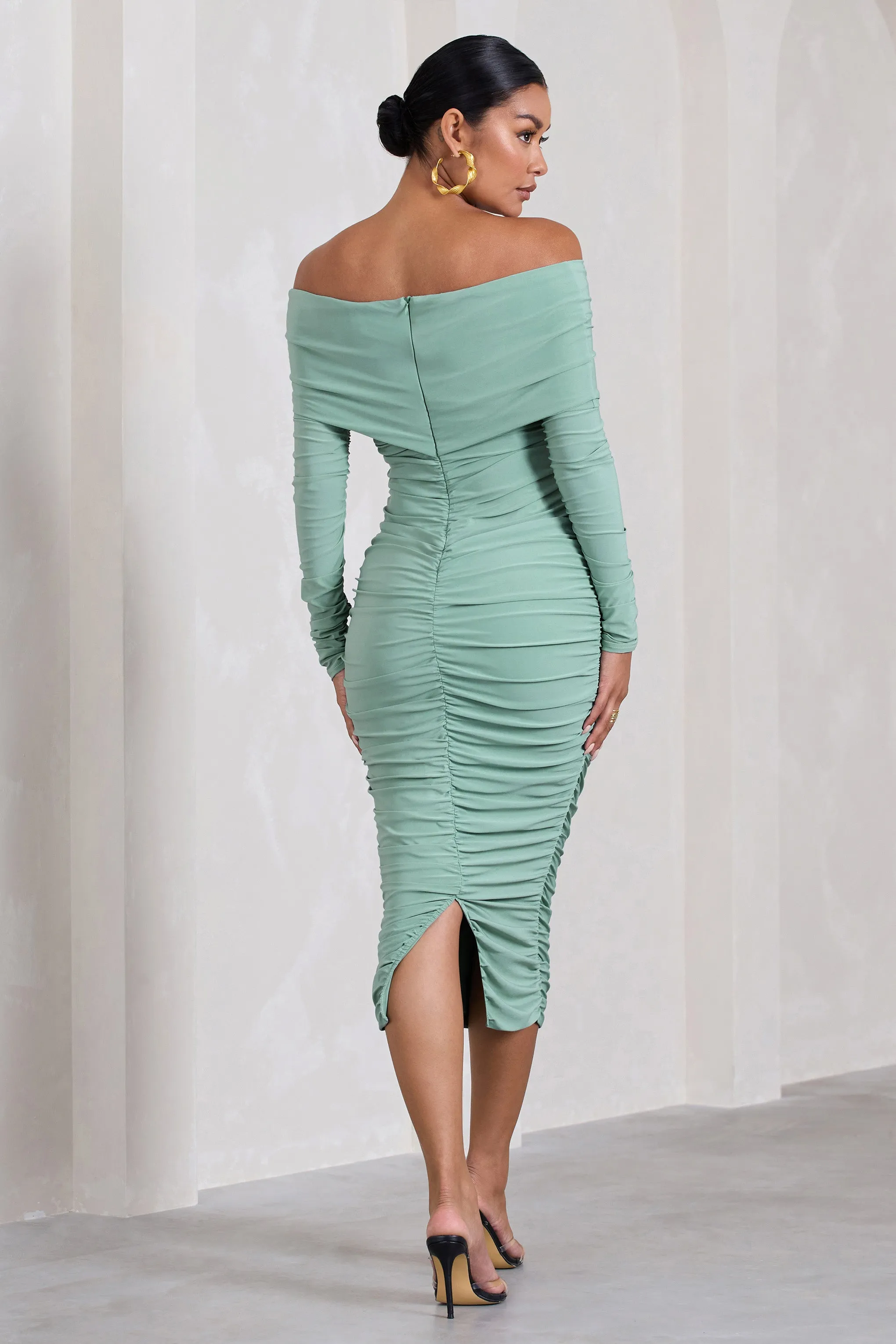 Davina | Sage Ruched Twist Bardot Long-Sleeve Maternity Midi Dress