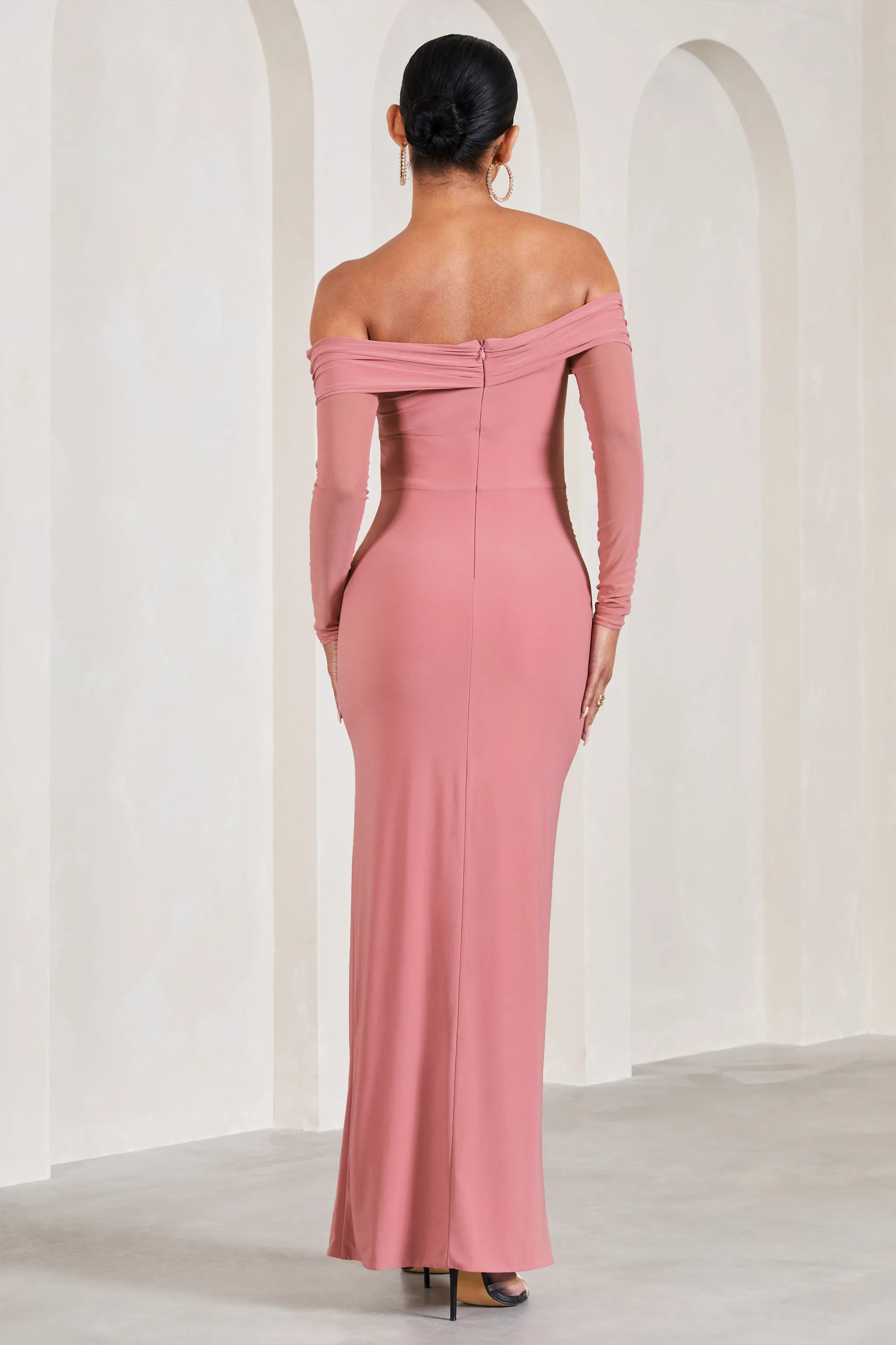 Elsie | Blush Pink Bardot Long-Sleeved Maternity Maxi Dress