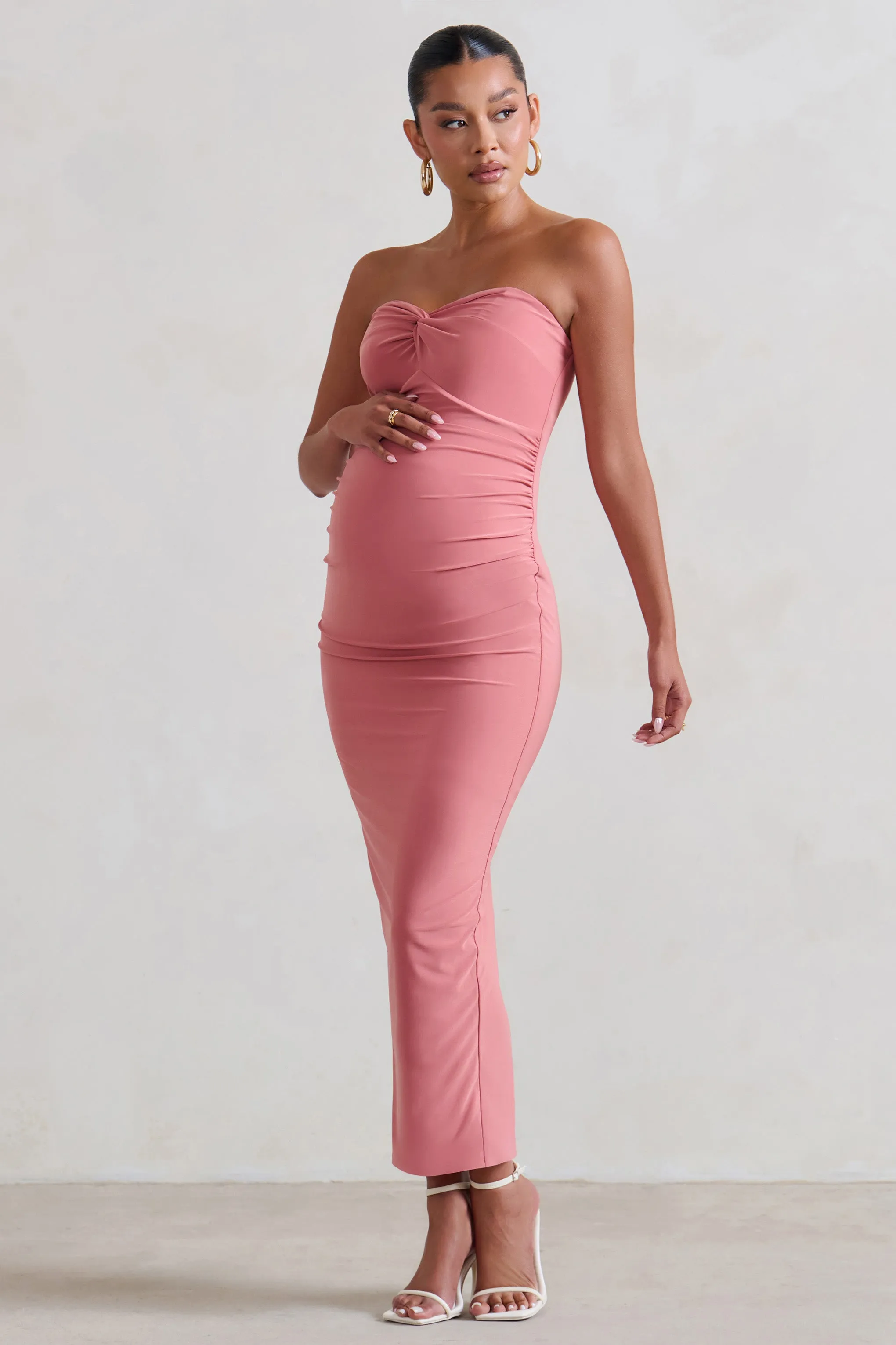 Evita | Pink Maternity Sweetheart Twist Detail Midi Dress