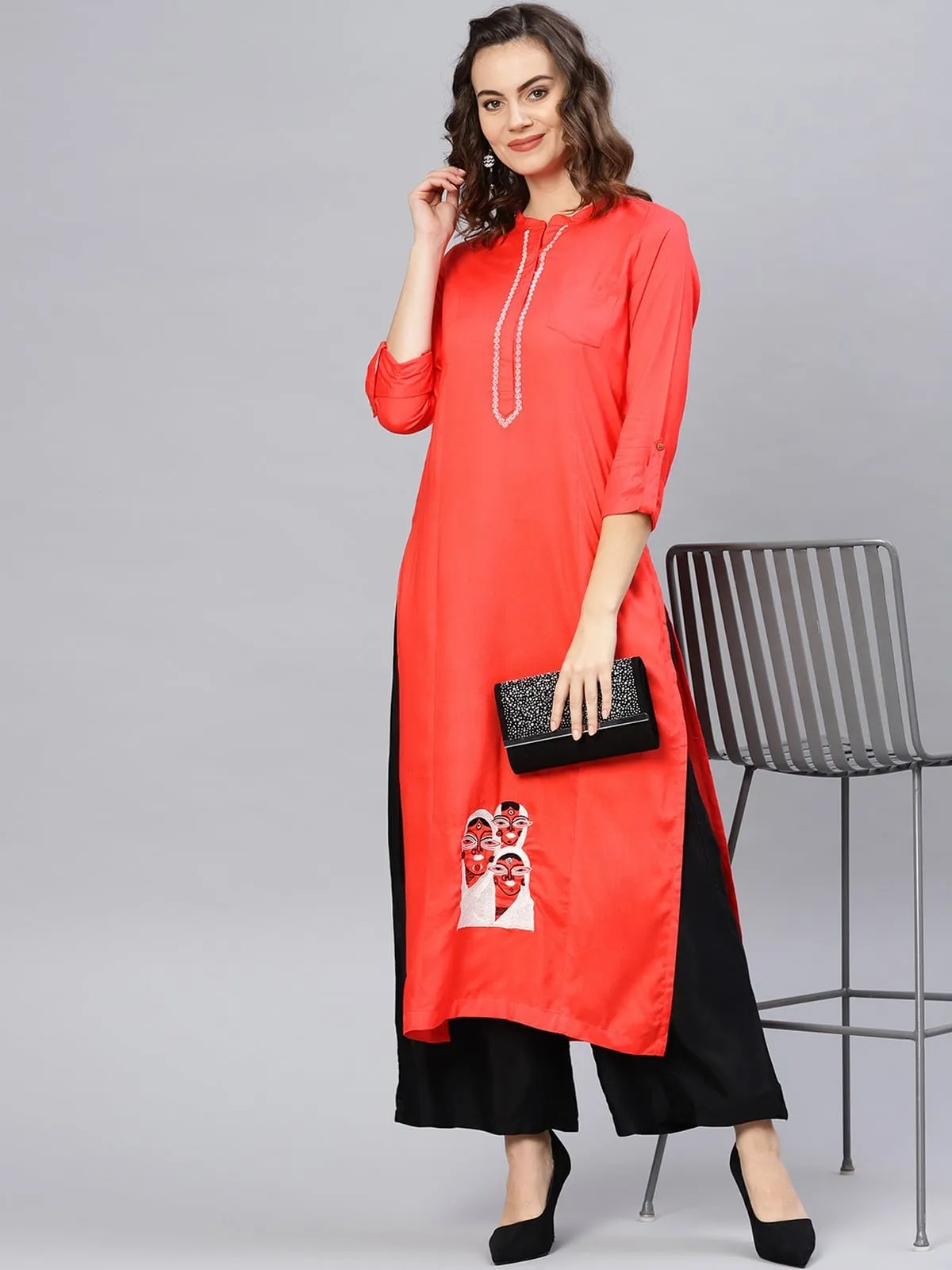 Face Embroidered Straight Kurta