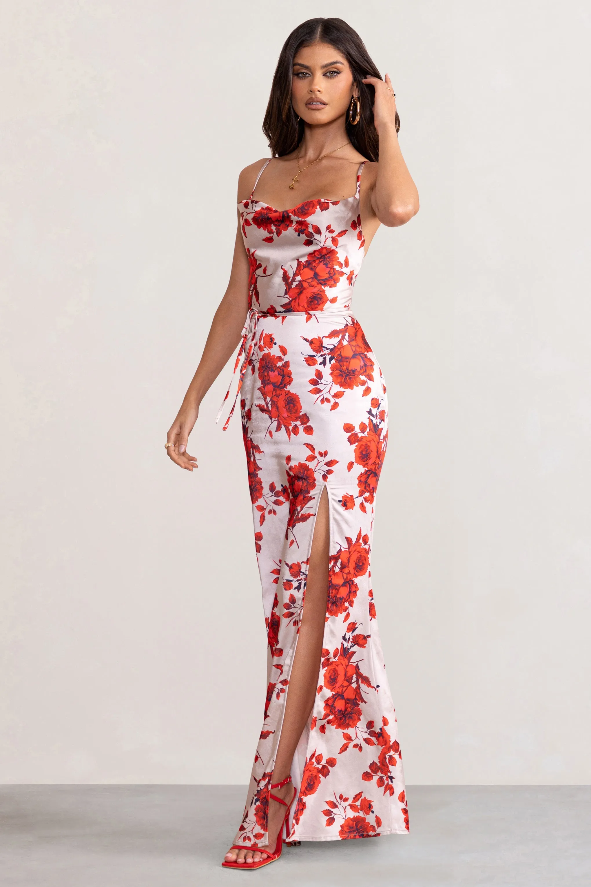 Fairy Tale | Champagne Floral Print Cowl Neck Satin Maxi Dress with Waist Tie