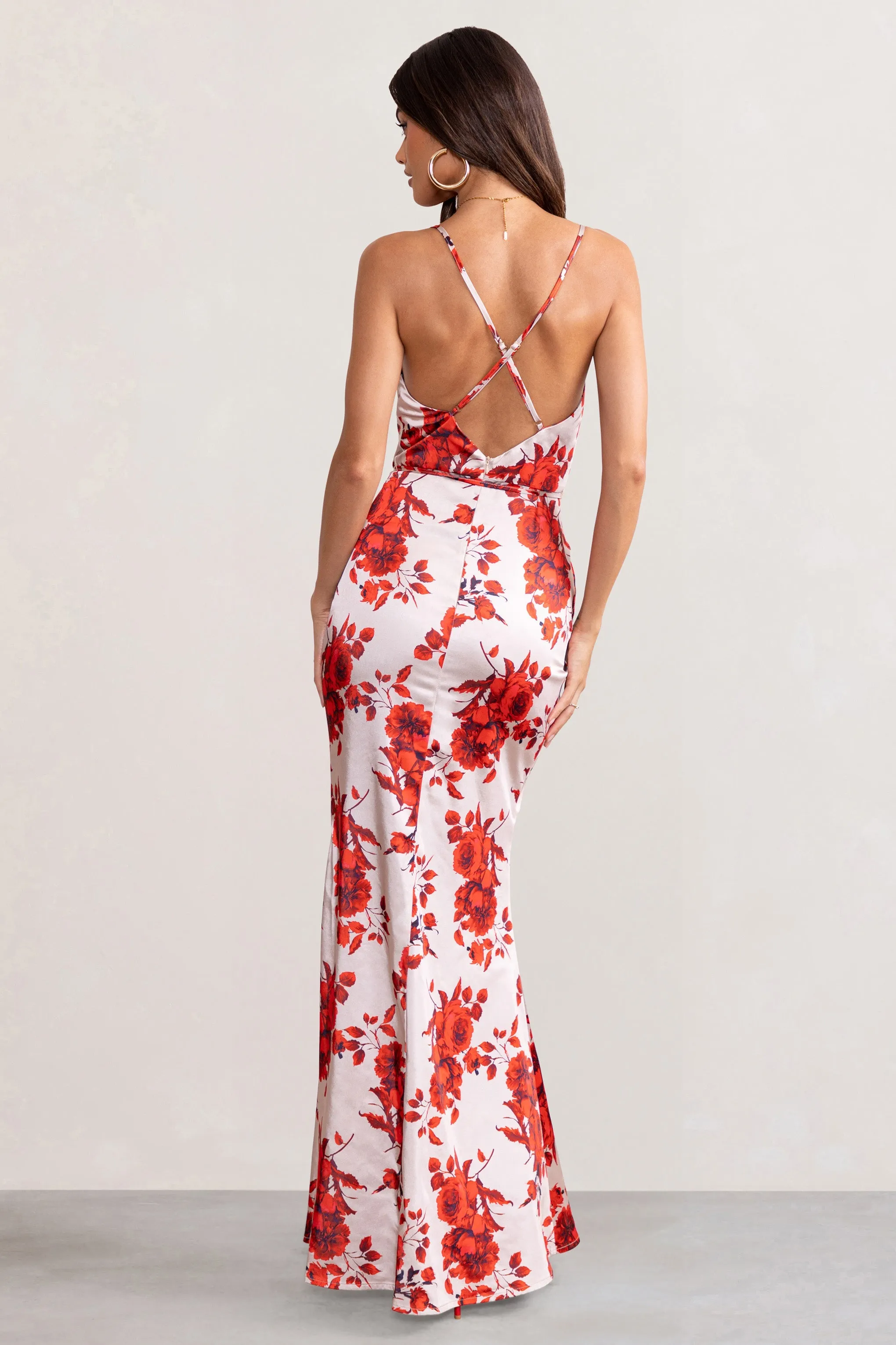 Fairy Tale | Champagne Floral Print Cowl Neck Satin Maxi Dress with Waist Tie