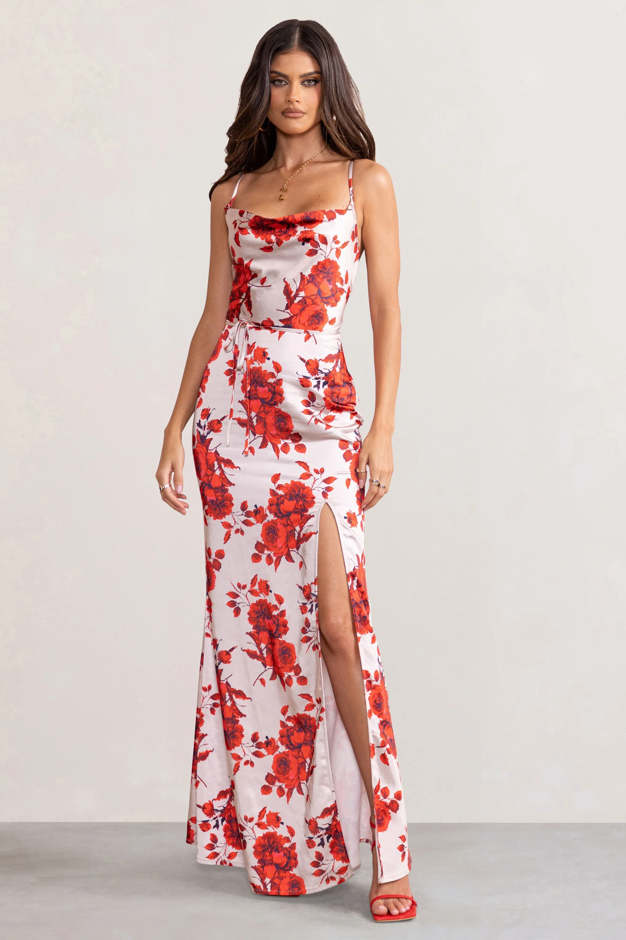 Fairy Tale | Champagne Floral Print Cowl Neck Satin Maxi Dress with Waist Tie