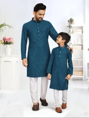 Father and Son Blue Chikankari Same Matching Kurta Dress Set