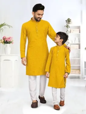 Father and Son Yellow Chikankari Same Matching Kurta Dress Set