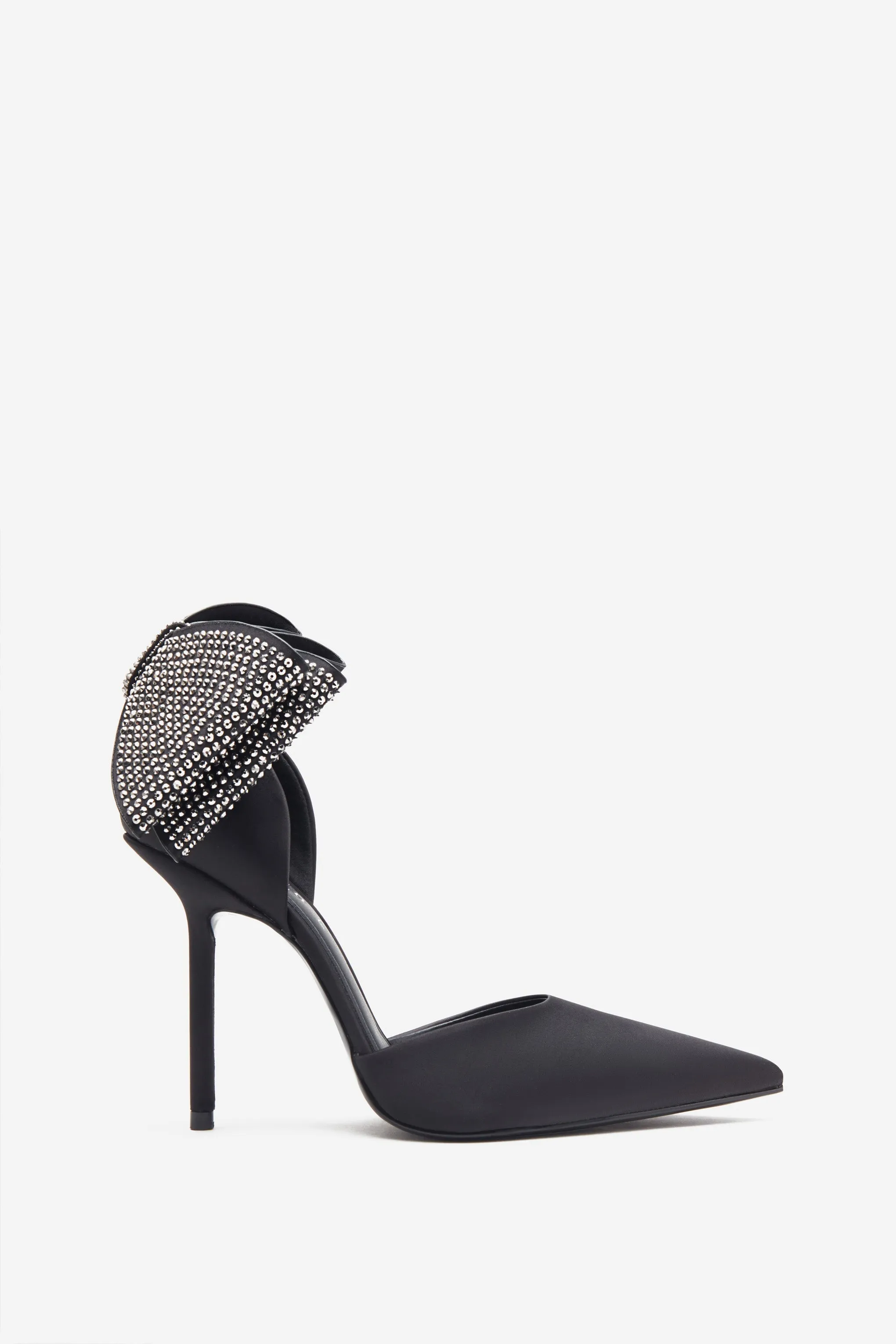 Flashing Lights | Black Satin Pointed Court Heels With Diamante Bows