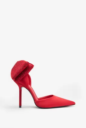 Flashing Lights | Red Satin Pointed Court Heels With Diamante Bows