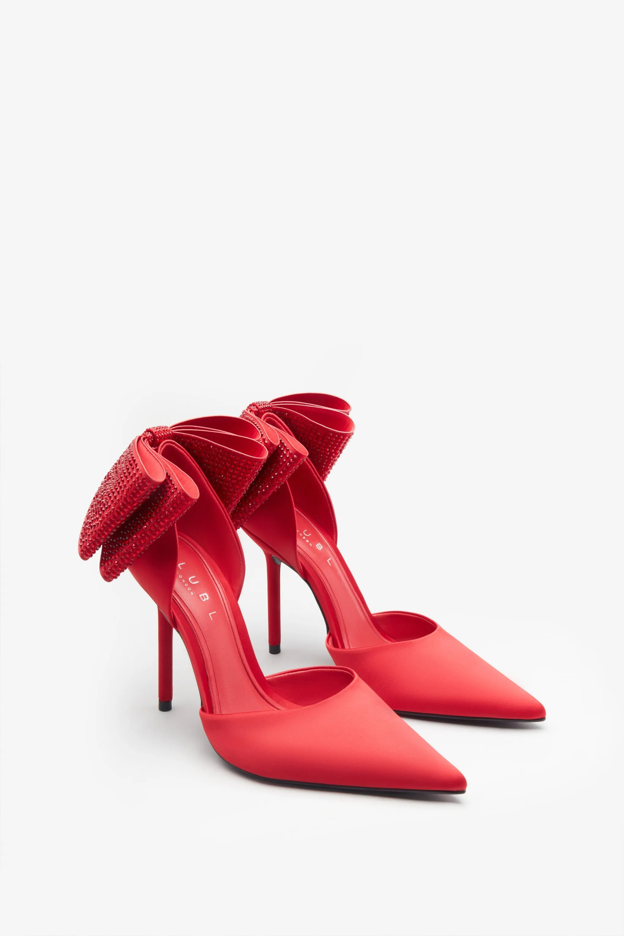 Flashing Lights | Red Satin Pointed Court Heels With Diamante Bows