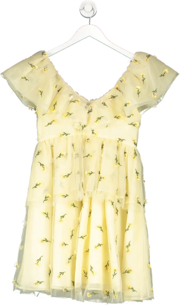 Ganni Yellow Bliss Embroidered Mesh Minidress In Aeise Flower UK 12