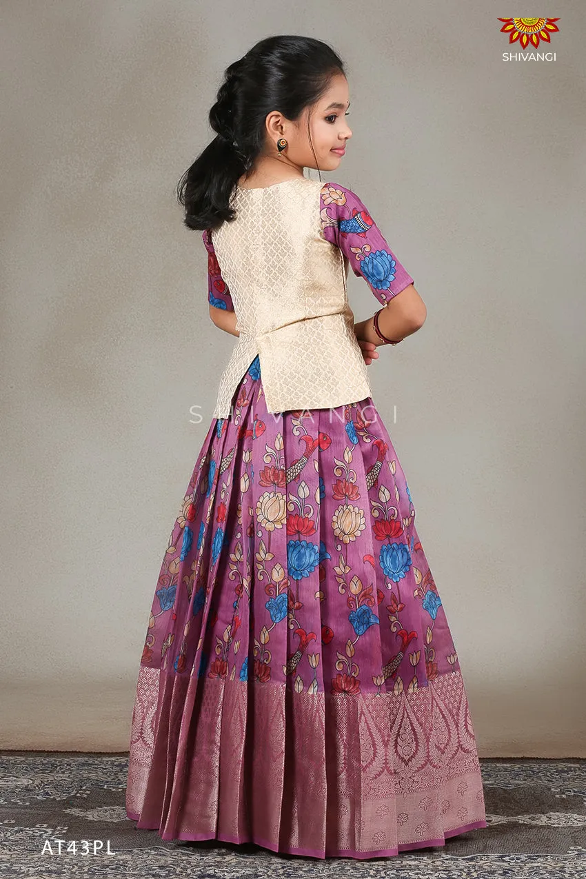 Girls Lavender Kalamkari Fish Pattu Pavadai !!!