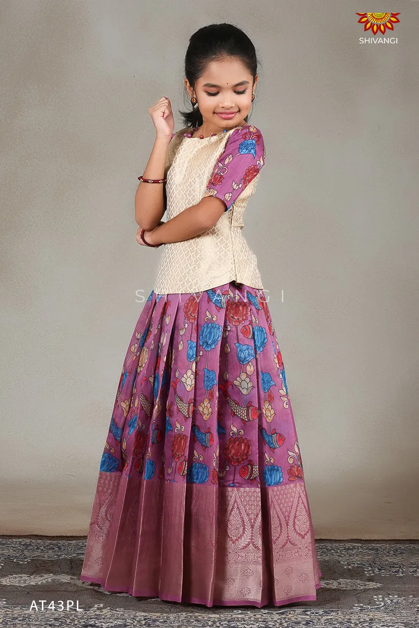 Girls Lavender Kalamkari Fish Pattu Pavadai !!!