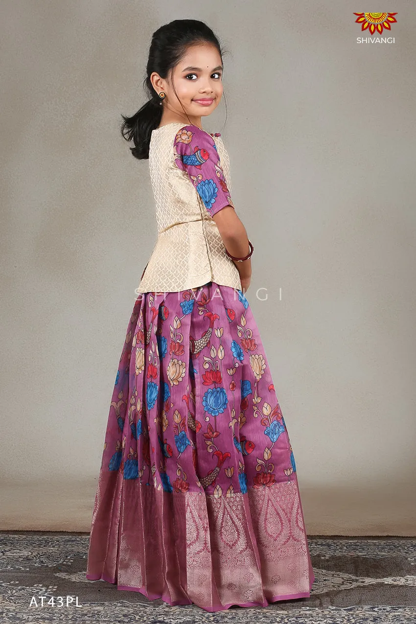 Girls Lavender Kalamkari Fish Pattu Pavadai !!!