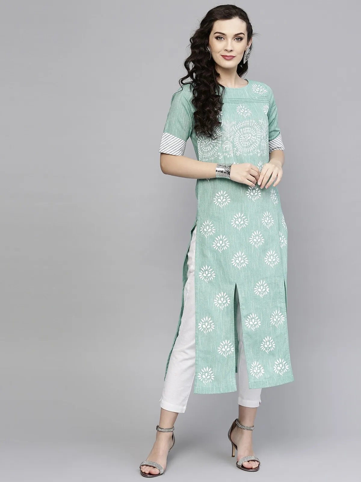 Green Pintucks Printed Chambray Kurta