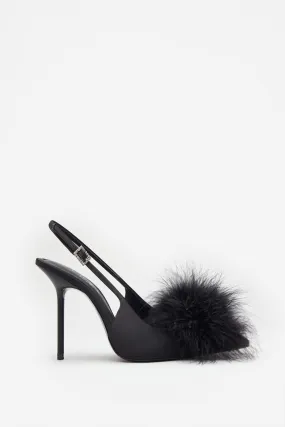 High Pitched | Black Satin Sling Back Heels With Pom Poms