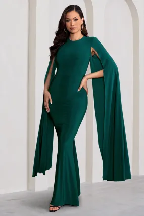 Kimmy | Bottle Green High Neck Maxi Dress With Cape Sleeves