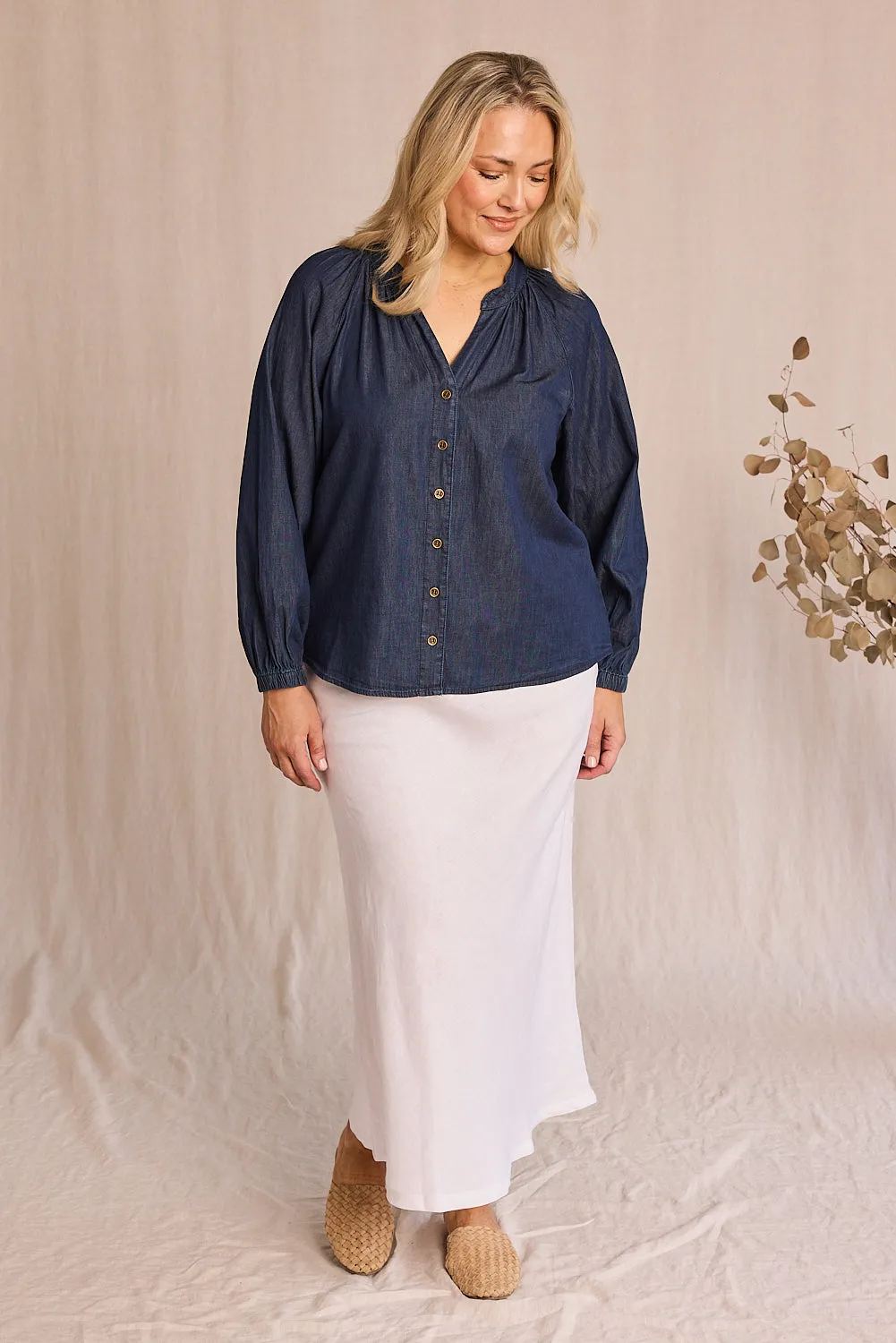 Kitty Chambray Top in Dark Wash