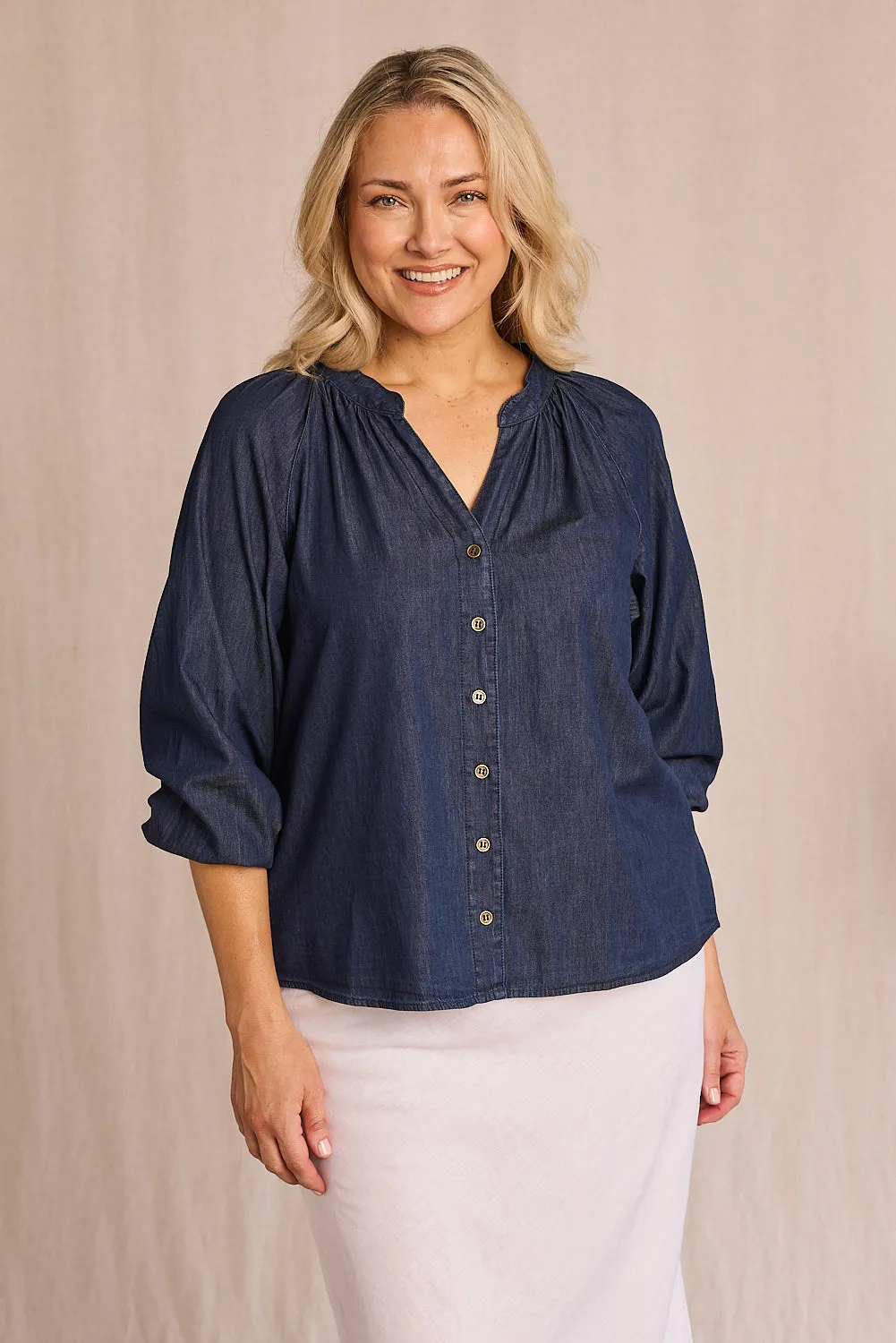 Kitty Chambray Top in Dark Wash