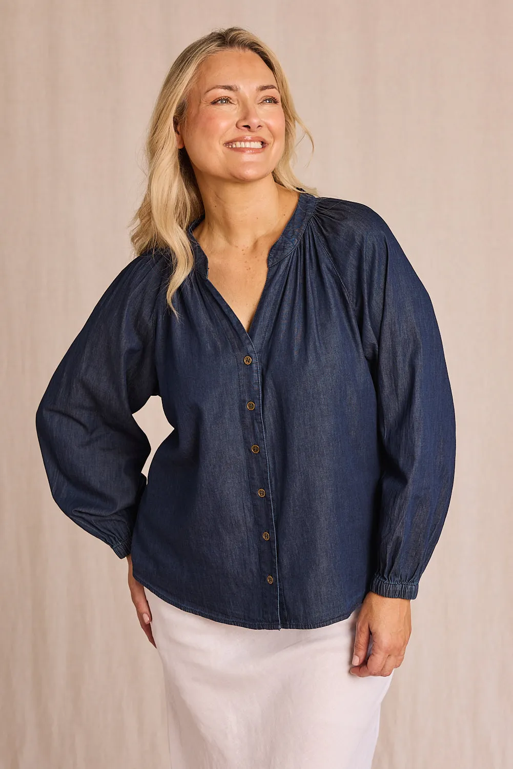 Kitty Chambray Top in Dark Wash