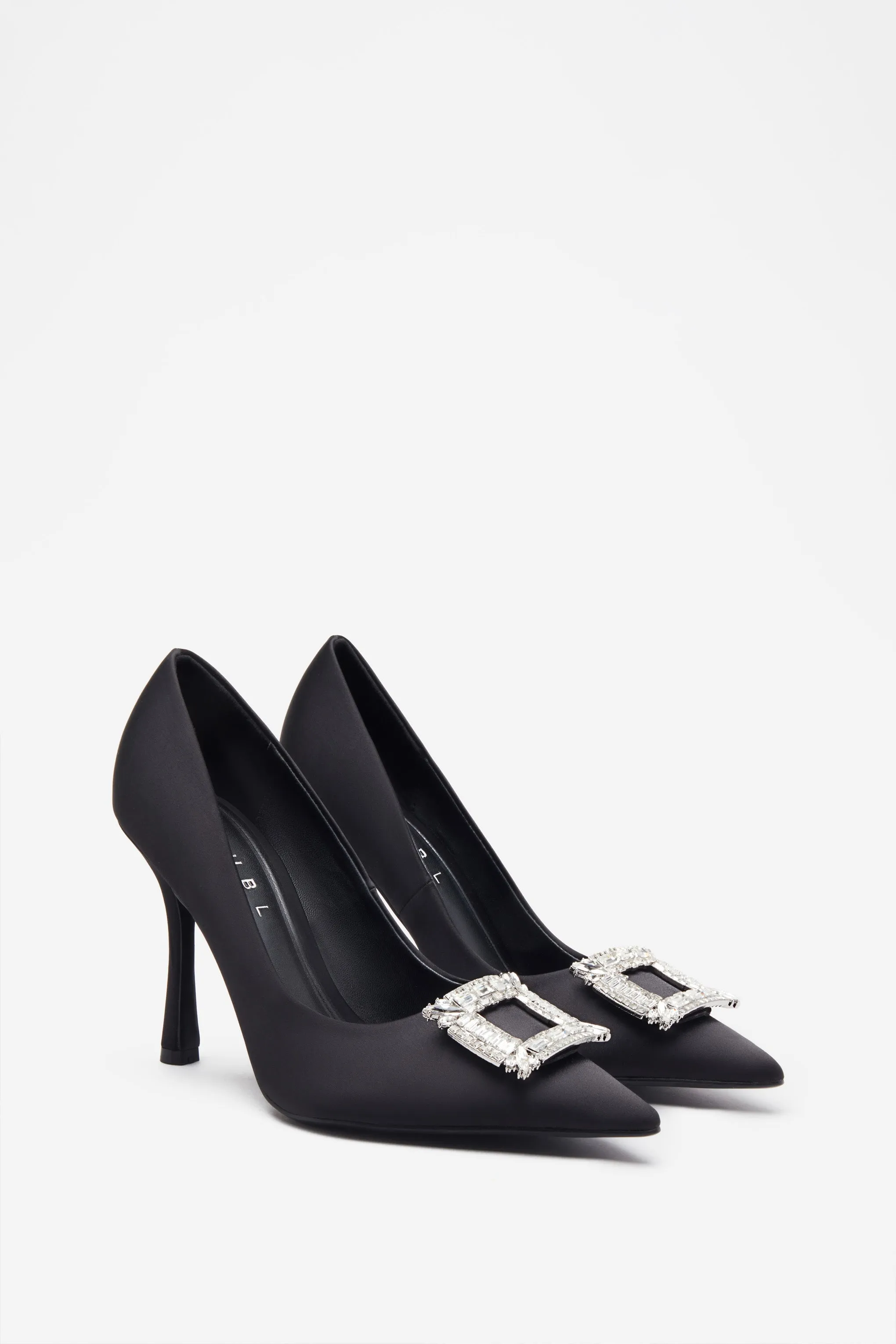 Lawless | Black Satin Pointed Court Heels With Diamante Brooches