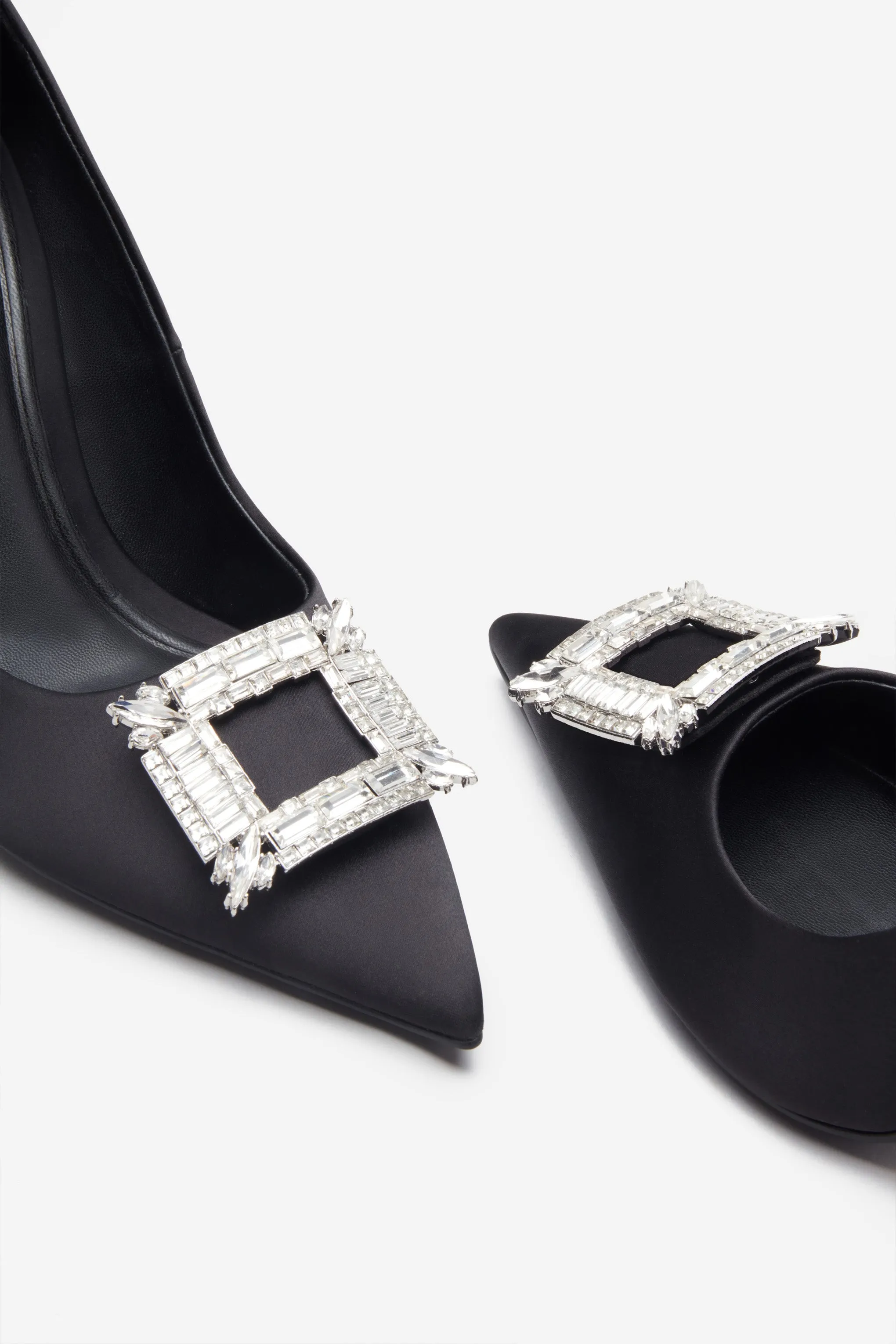 Lawless | Black Satin Pointed Court Heels With Diamante Brooches