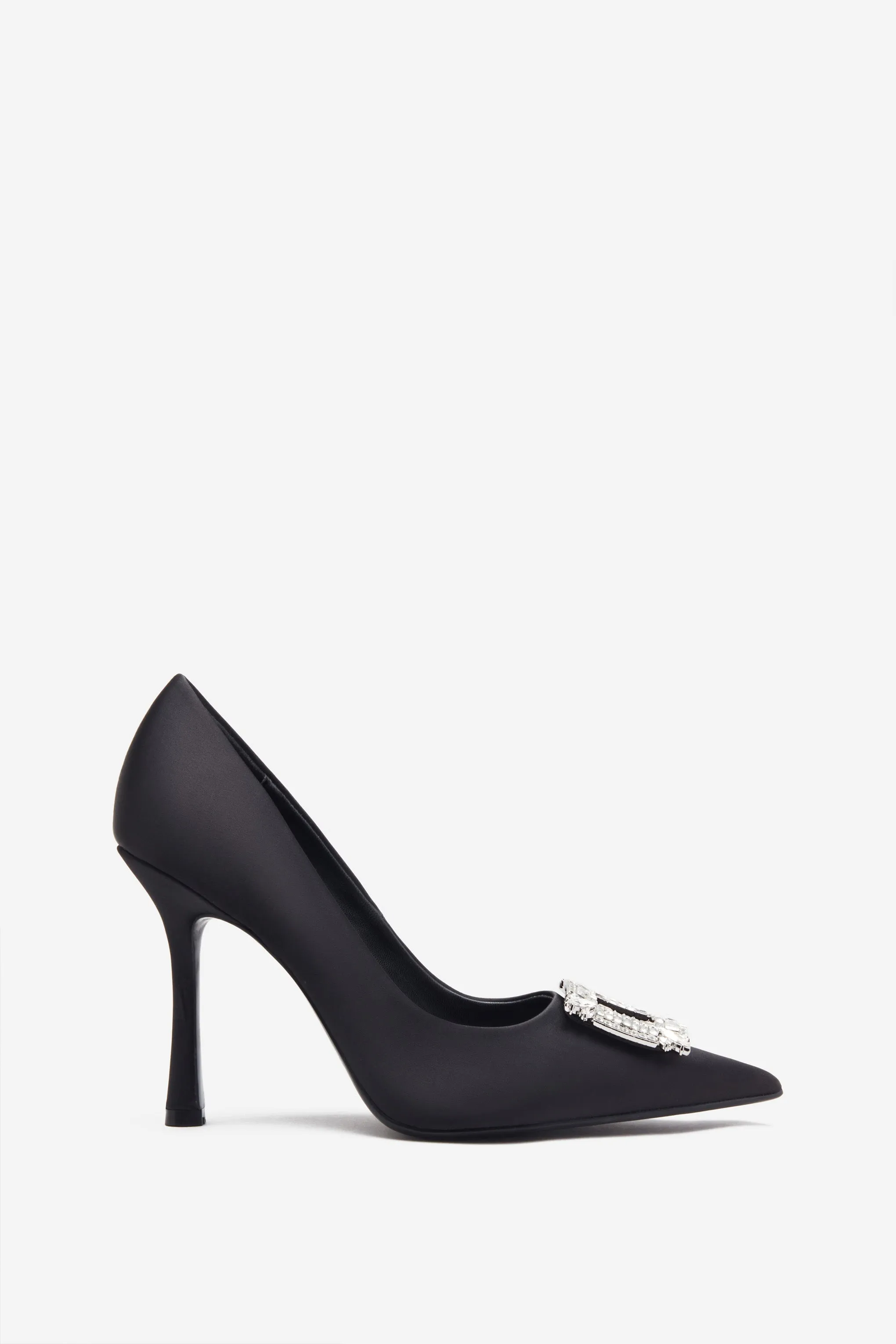 Lawless | Black Satin Pointed Court Heels With Diamante Brooches