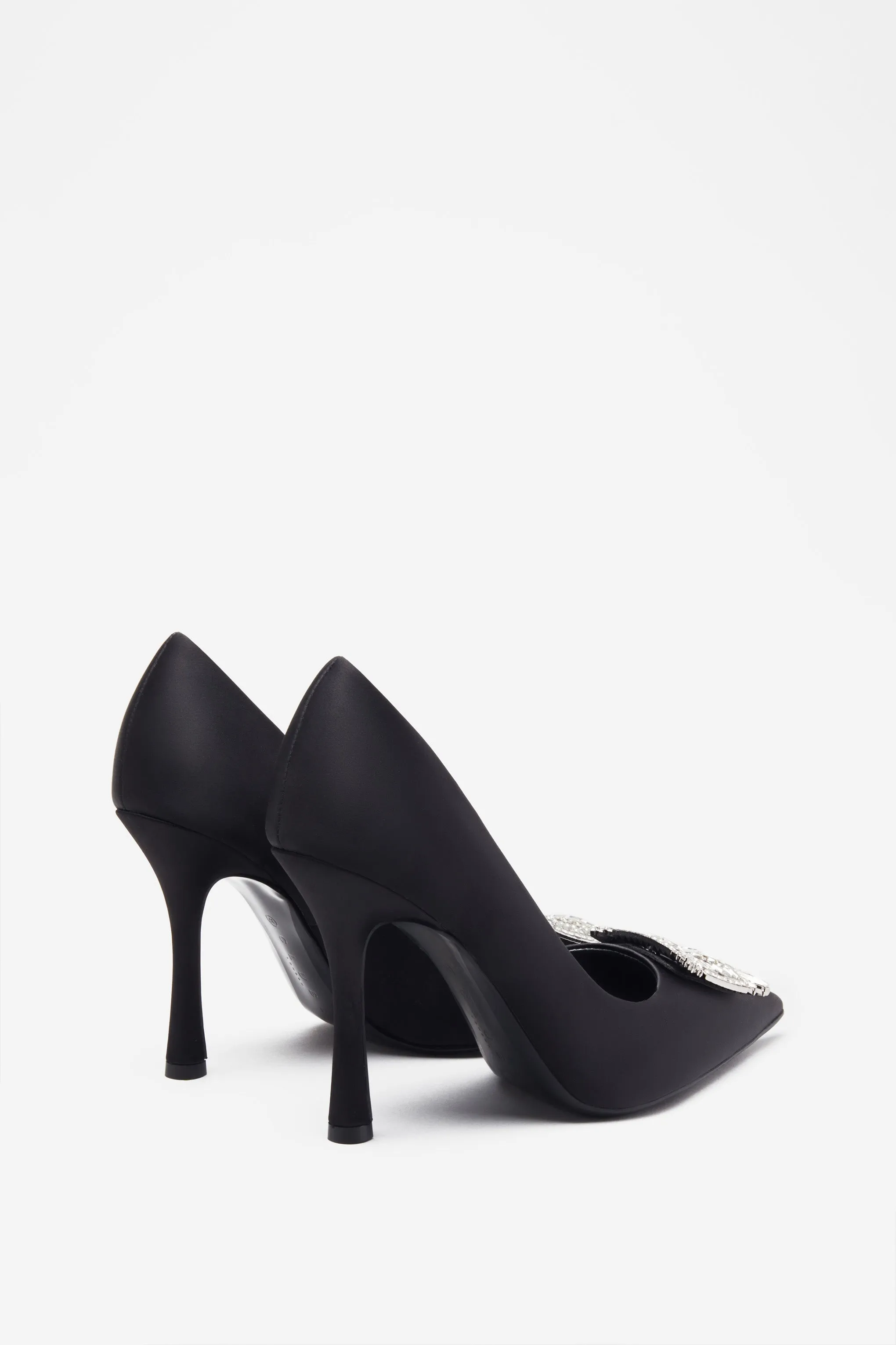 Lawless | Black Satin Pointed Court Heels With Diamante Brooches