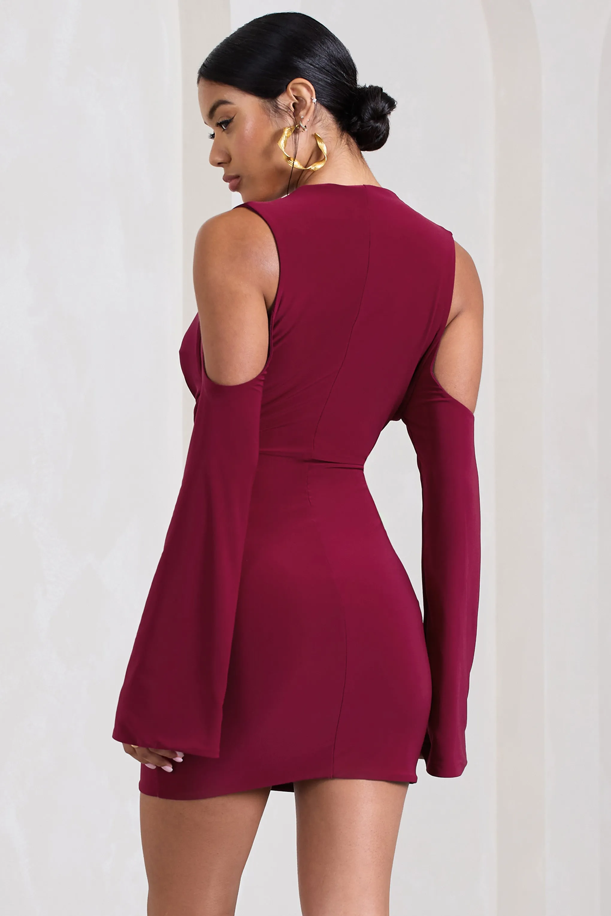 Let's Escape | Berry Cowl-Neck Cut-Out Long-Sleeved Mini Dress