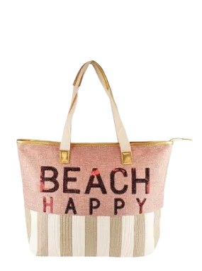 Luna Cove Nude "beach Happy" Sequin Embellished Large Zipped Tote Bag