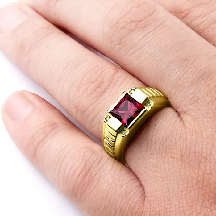 Men's 14K Yellow Gold Ring with Natural Diamonds and Red Ruby