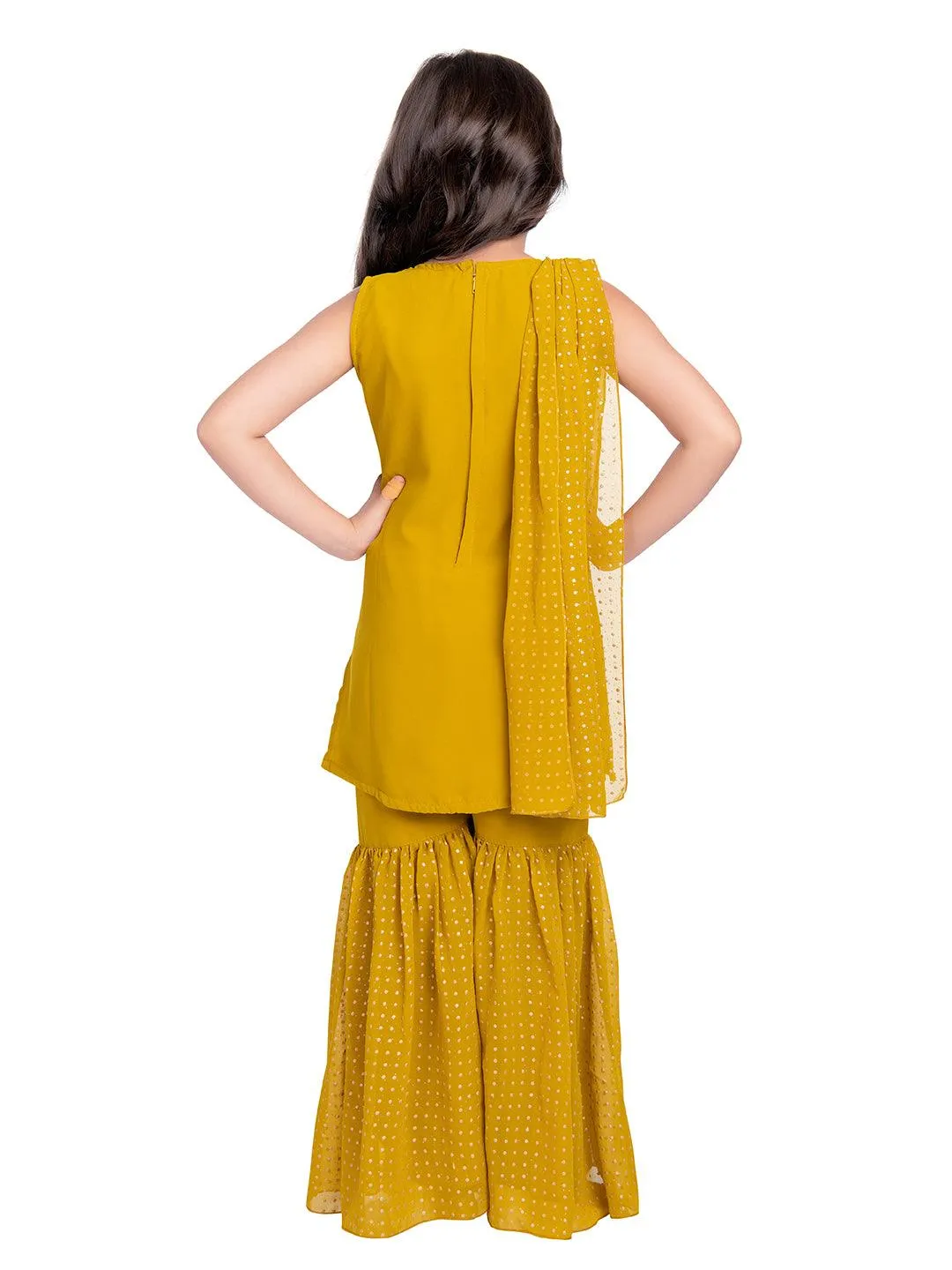 Mustard Embellished Kurta & Sharara Set For Girls