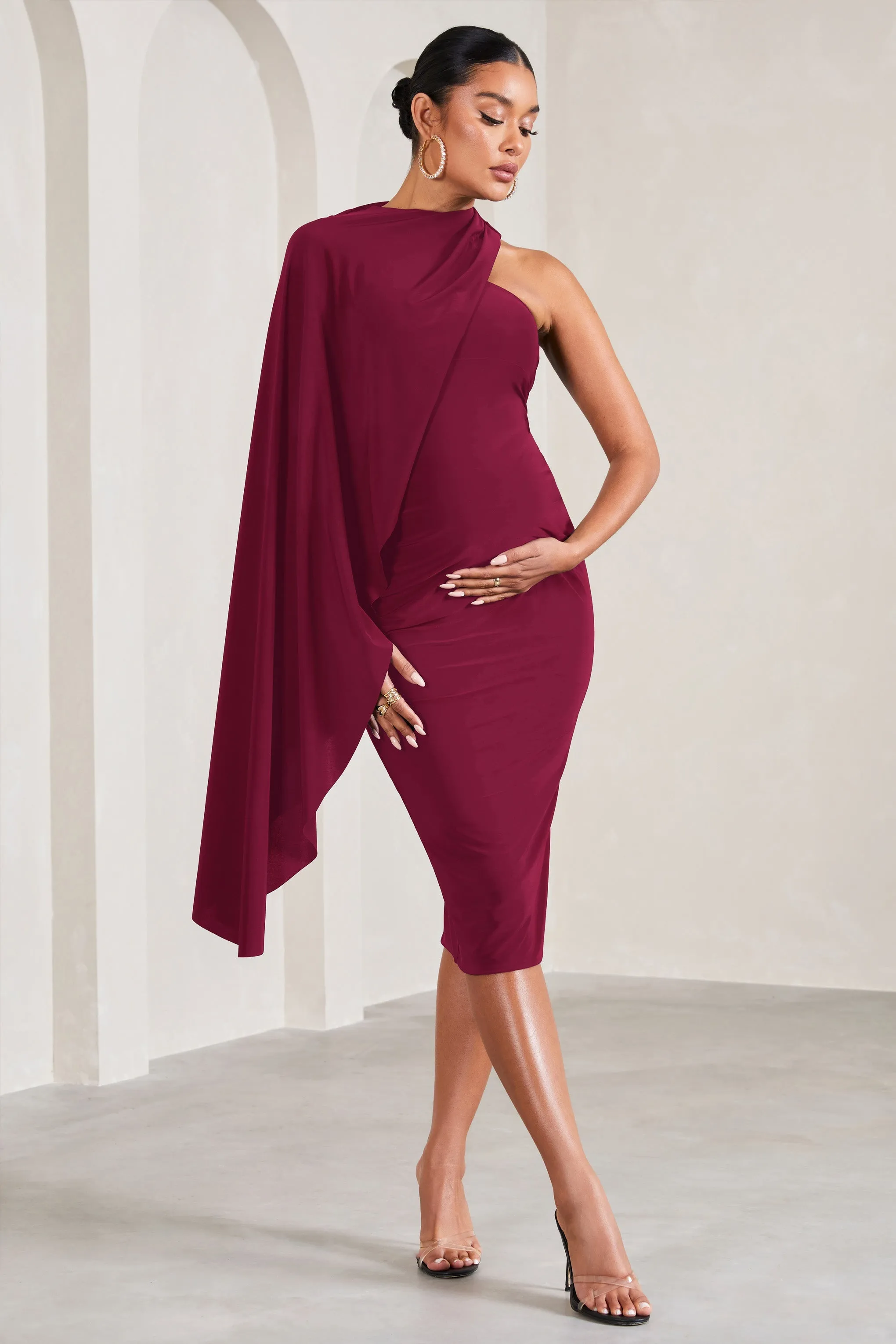 New Chapter | Berry Asymmetric Maternity Midi Dress With Cape